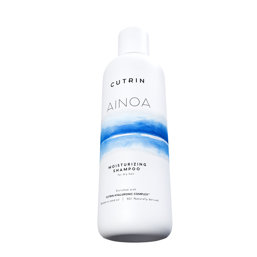 Cutrin Ainoa Moisturizing Shampoo bottle with blue watercolour illustration