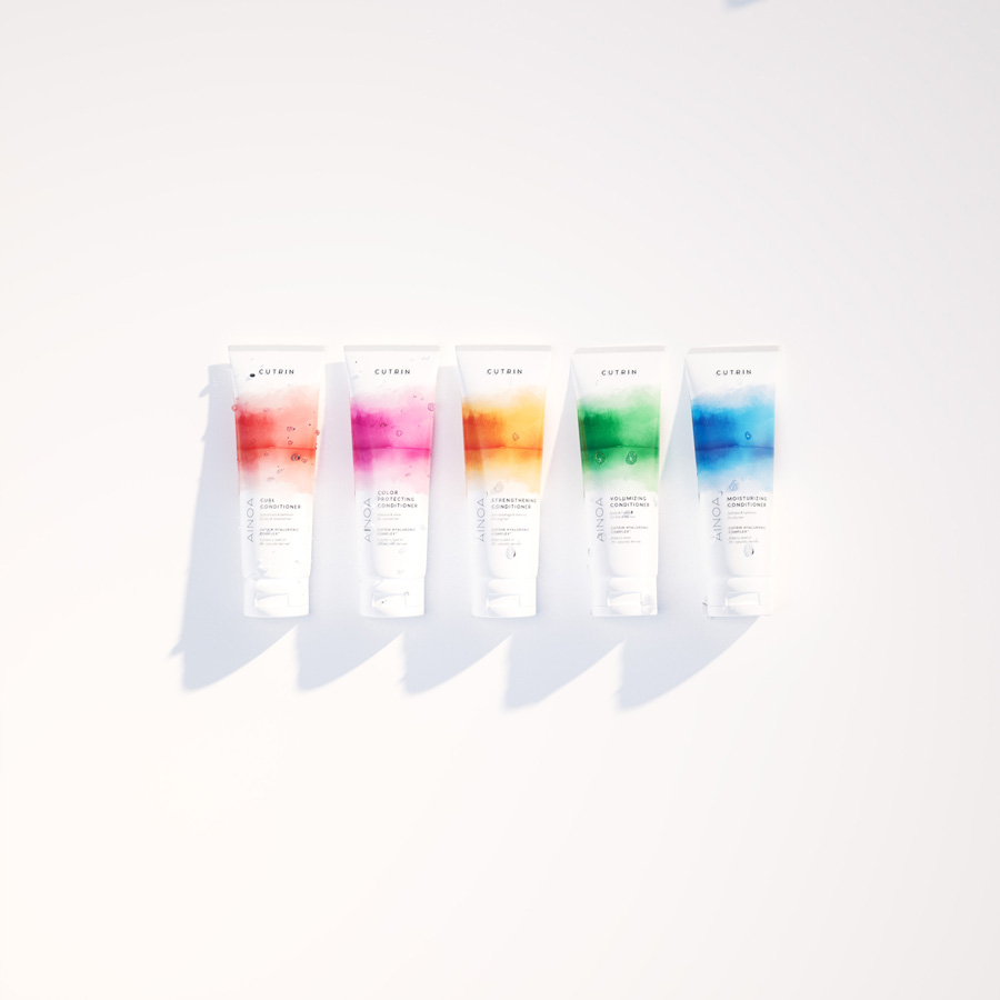 Cutrin Ainoa conditioner tubes with watercolour gradient illustrations